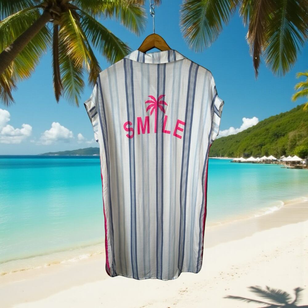 PJ Salvage New Womens Take Me Tulum Shirt Dress Striped White Blue XS Resortwear